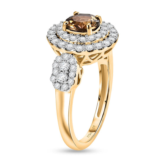 D'Joy AA Gelber Tansanit, Moissanit AGI zertifiziert Ring 925 Silber 750 Gelbgold vermeil (Größe 19.00) ca. 2,34 ct