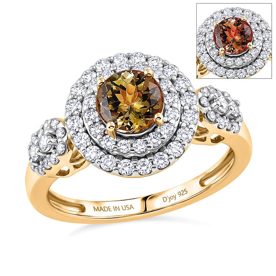 D'Joy AA Gelber Tansanit, Moissanit AGI zertifiziert Ring 925 Silber 750 Gelbgold vermeil (Größe 19.00) ca. 2,34 ct