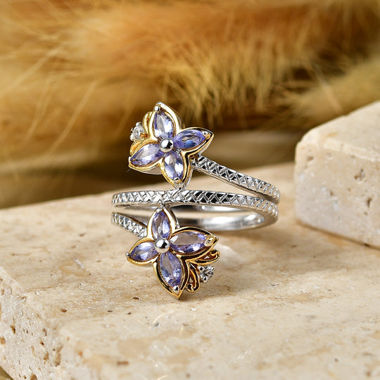 D'Joy Tansanit Ring 925 Silber Rhodiniert und 750 Gelbgold Vermeil (Größe 18.00) ca. 0,94 ct