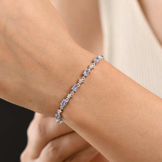 D'Joy Tansanit, Weißer Zirkon Armband ca. 20 cm 925 Silber Rhodiniert ca. 4,45 ct.