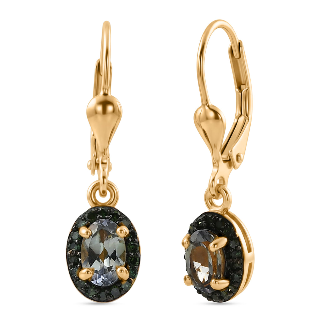 D'Joy Grüner Tansanit, Grüner Diamant Ohrringe 925 Silber 750 Gelbgold vermeil ca. 1.06 ct