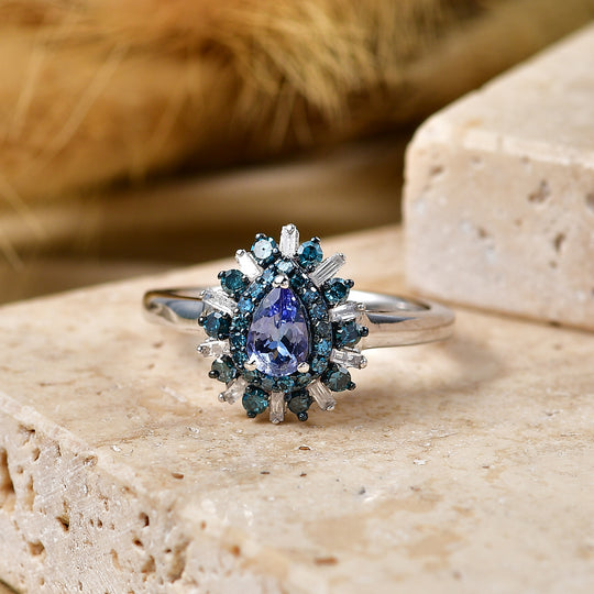 D'Joy Pfau Tansanit, Blauer Diamant Ring 925 Silber Rhodiniert (Größe 21.00) ca. 0,81 ct