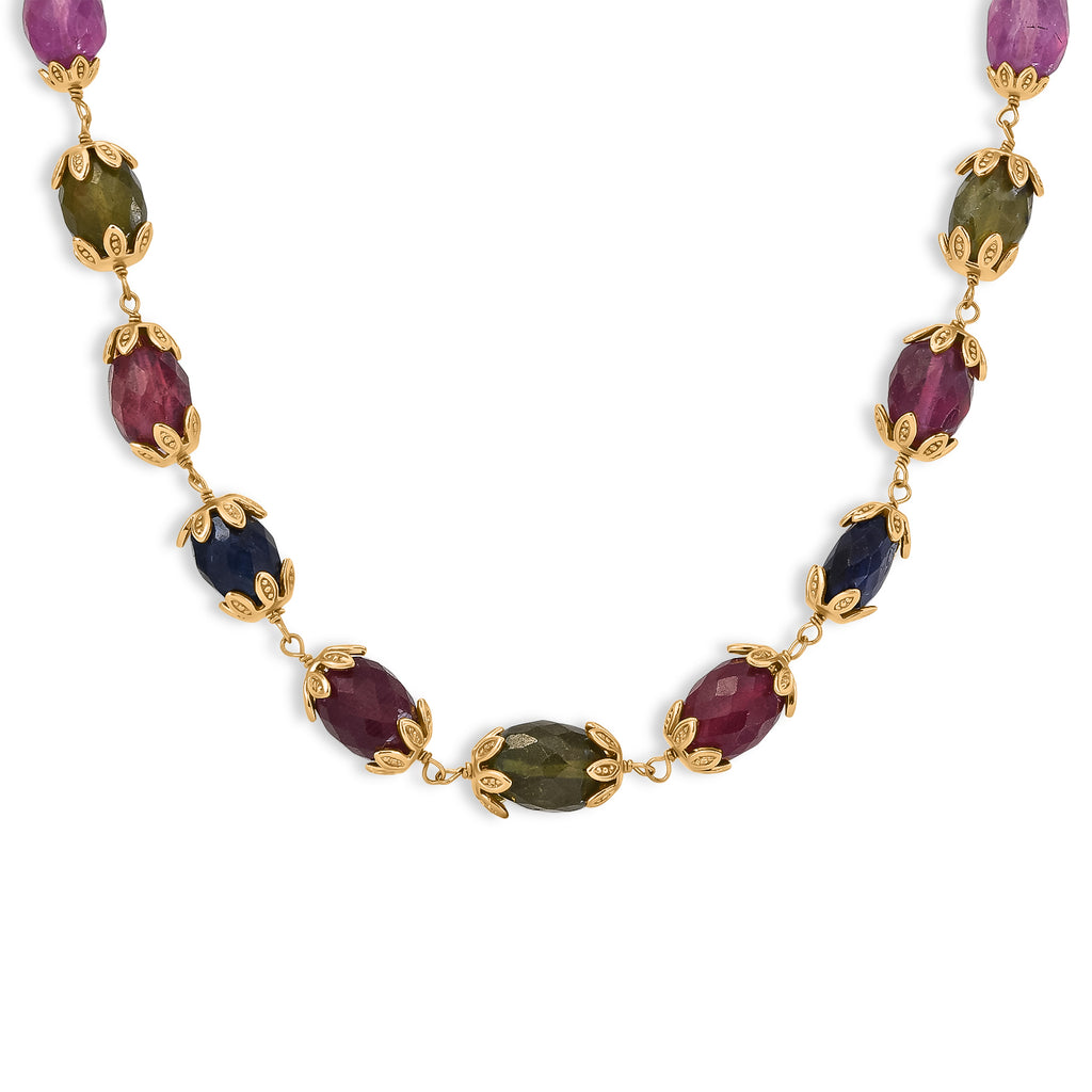 GP - Mehrfarbig Saphir Halskette ca. 45 cm 925 Silber 750 Gelbgold vermeil ca. 99,74 ct.