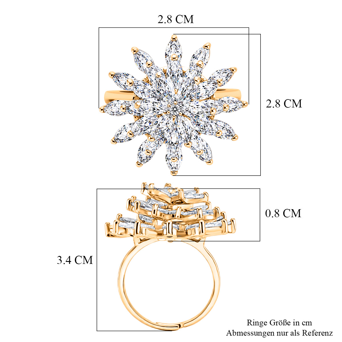 Weißer Zirkonia Ring Nickelfreies Messing, flexibles (Größe 17.00-18.00), Goldfarben