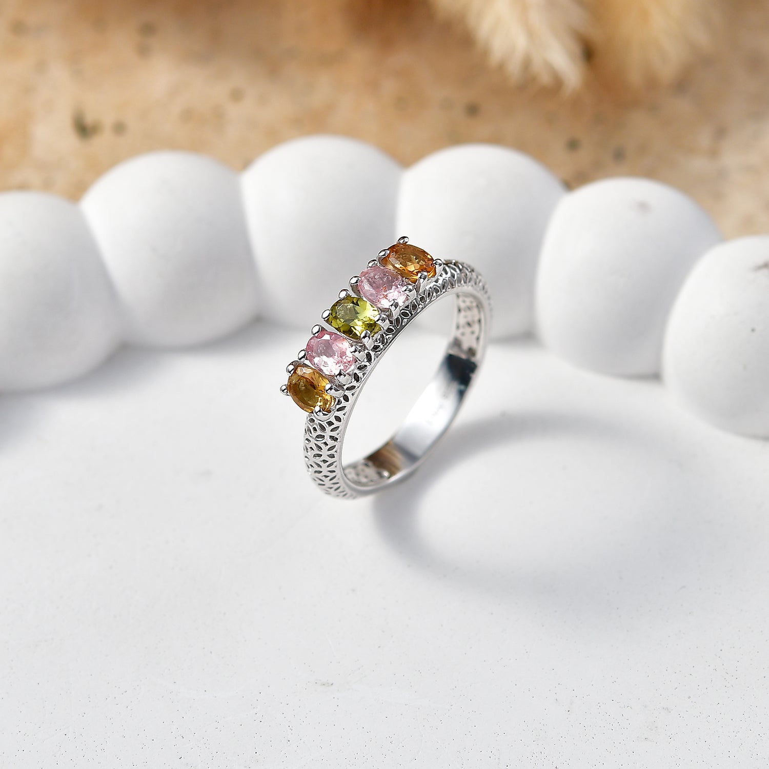 D'Joy AA Mehrfarbig-Turmalin Ring 925 Silber Platiniert (Größe 19.00) ca. 0.98 ct
