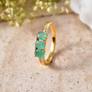 D'Joy AAA Kagem Sambischer Smaragd, Weißer Diamant Ring 925 Silber 750 Gelbgold vermeil (Größe 21.00) ca. 1,23 ct