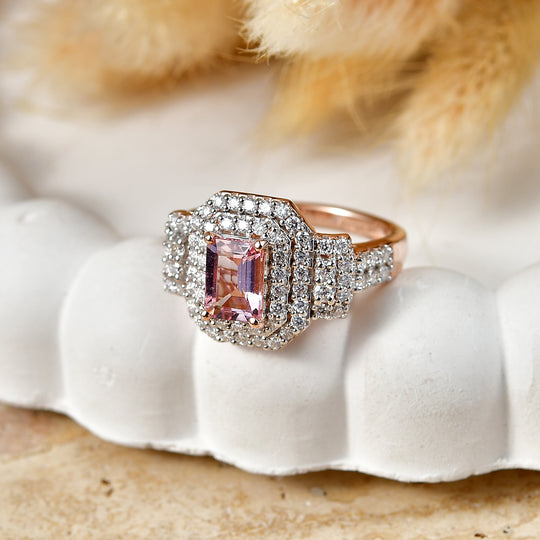 D'Joy AA Rosa Morganit, Moissanit AGI zertifiziert Ring 925 Silber 750 Roségold vermeil (Größe 19.00)  (10-16 Werktage Lieferzeit) ca. 1,84 ct