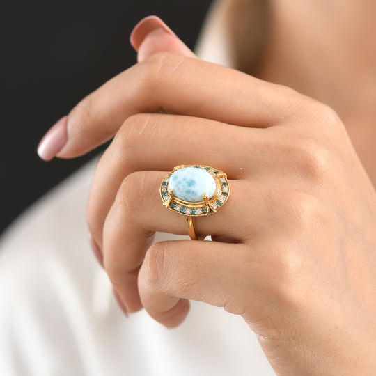 D'Joy Larimar, Neon Apatit Ring 925 Silber 750 Gelbgold vermeil (Größe 20.00) ca. 8,04 ct