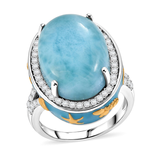 D'Joy Larimar, Weißer Zirkon Ring 925 Silber Rhodiniert und 750 Gelbgold Vermeil (Größe 18.00) ca. 14,73 ct