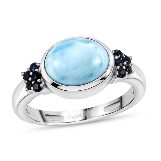 D'Joy Larimar, Blauer Saphir Ring 925 Silber Platiniert (Größe 20.00) ca. 3,31 ct