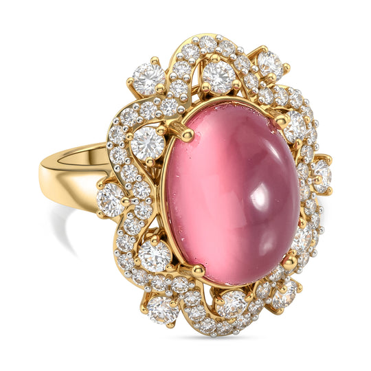 D'Joy Flamingo Mondstein, Weißer Zirkon Ring 925 Silber 750 Gelbgold vermeil (Größe 17.00) ca. 8,77 ct