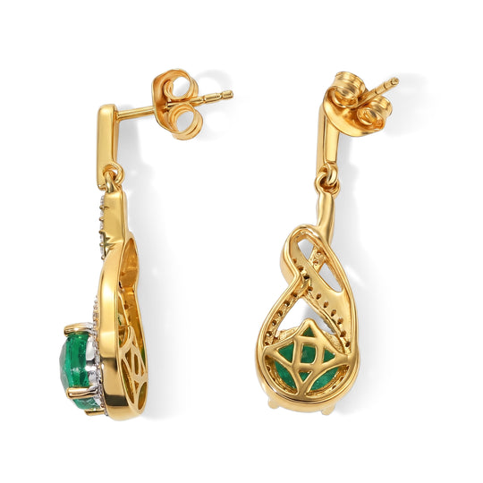 D'Joy Smaragd-Quarz Triplette, Weißer Zirkon Ohrringe 925 Silber 750 Gelbgold vermeil ca. 3,74 ct.