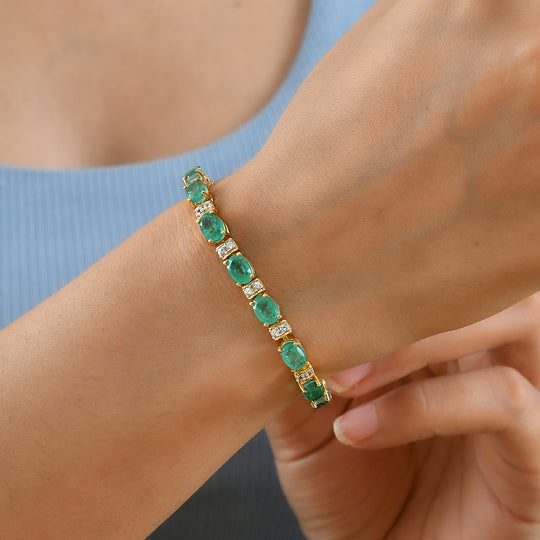 D'Joy Smaragd-Quarz Triplette, Weißer Zirkon Armband ca. 20 cm 925 Silber 750 Gelbgold vermeil ca. 19,02 ct.