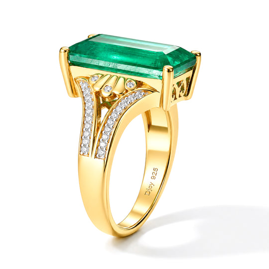 D'Joy Smaragd-Quarz Triplette, Weißer Zirkon Ring 925 Silber 750 Gelbgold vermeil (Größe 18.00) ca. 6,73 ct