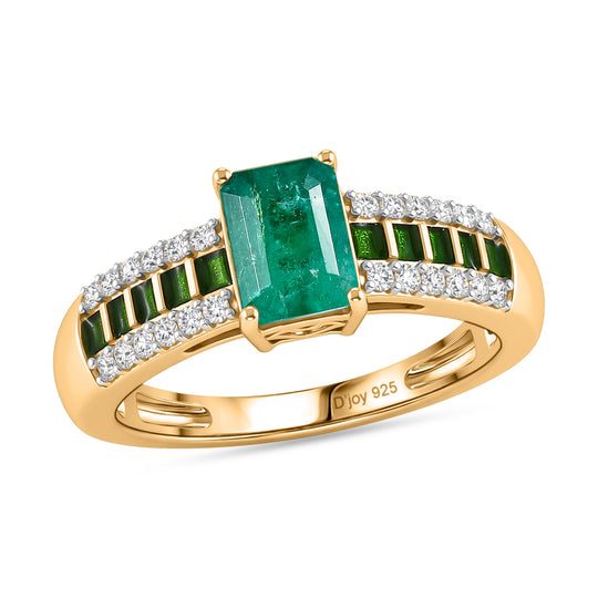 D'Joy AAA Kagem Sambischer Smaragd, Moissanit Ring 925 Silber 750 Gelbgold vermeil (Größe 20.00) ca. 1.15 ct