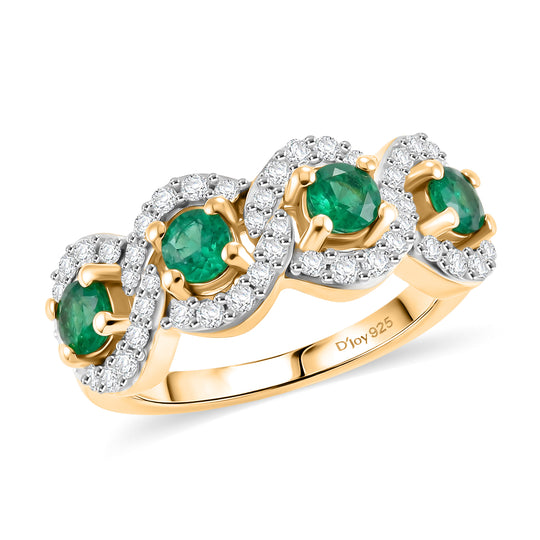 D'Joy Kagem Sambischer Smaragd, Weißer Zirkon Ring 925 Silber 750 Gelbgold vermeil (Größe 21.00) ca. 1.34 ct
