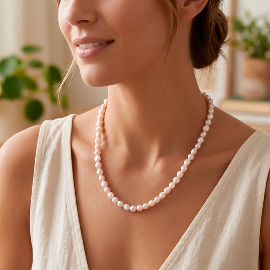 Weiße Süßwasser Perle (7-8 mm) Halskette, ca. 45 cm + 5 cm Extender, 316L Edelstahl