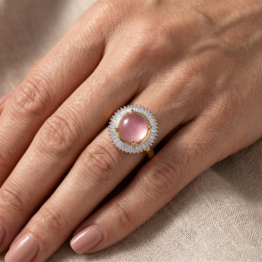 D'Joy Flamingo Mondstein, Weißer Diamant Ring 925 Silber 750 Gelbgold vermeil (Größe 17.00) ca. 2,40 ct