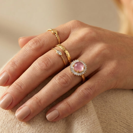 D'Joy Flamingo Mondstein, Weißer Diamant Ring 925 Silber 750 Gelbgold vermeil (Größe 17.00) ca. 2,40 ct