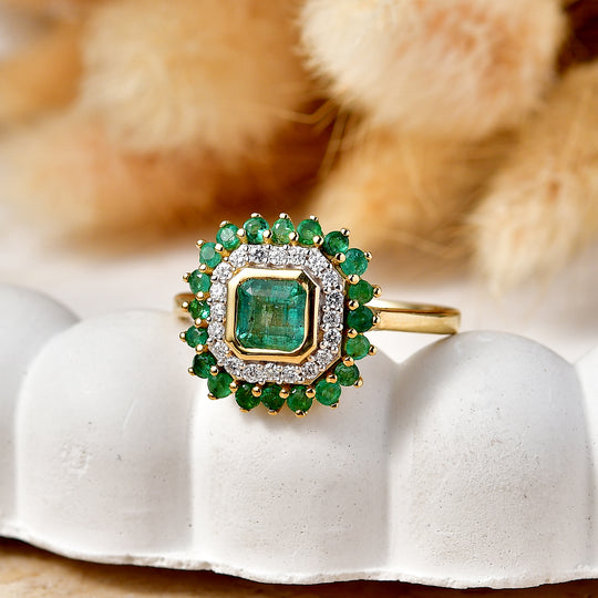 D'Joy AAA Kagem Sambischer Smaragd Ring 925 Silber 750 Gelbgold vermeil (Größe 17.00) ca. 1.29 ct