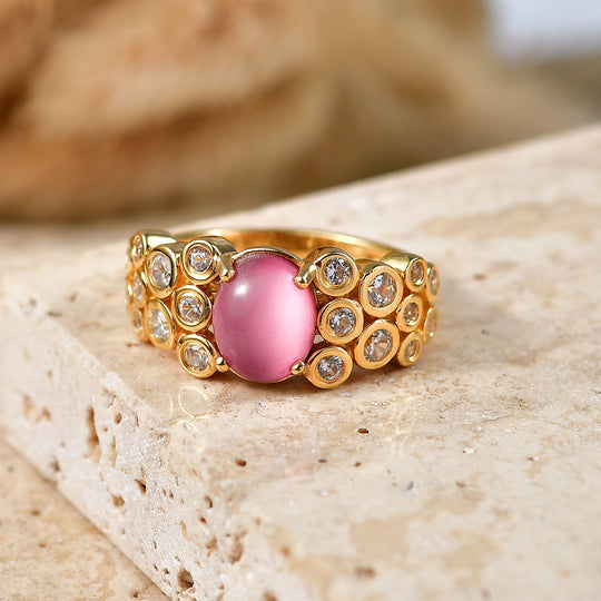 D'Joy Flamingo Mondstein, Weißer Zirkon Ring 925 Silber 750 Gelbgold vermeil (Größe 21.00) ca. 2,86 ct