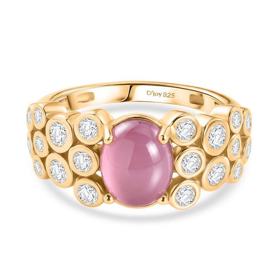 D'Joy Flamingo Mondstein, Weißer Zirkon Ring 925 Silber 750 Gelbgold vermeil (Größe 21.00) ca. 2,86 ct