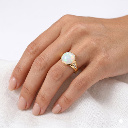 D'Joy AA Natürlicher, äthiopischer Welo Opal, Weißer Zirkon Ring 925 Silber 750 Gelbgold vermeil (Größe 17.00) ca. 3,56 ct