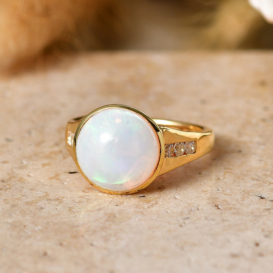 D'Joy AA Natürlicher, äthiopischer Welo Opal, Weißer Zirkon Ring 925 Silber 750 Gelbgold vermeil (Größe 17.00) ca. 3,56 ct