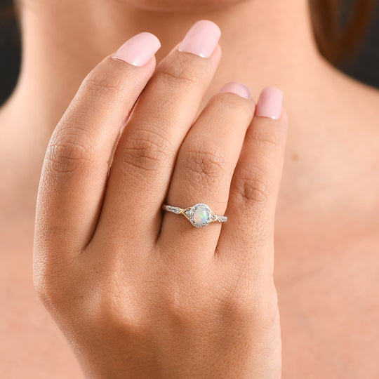D'Joy AA Natürlicher, äthiopischer Welo Opal, Weißer Zirkon Ring 925 Silber Platiniert und vergoldet (Größe 19.00) ca. 0,48 ct