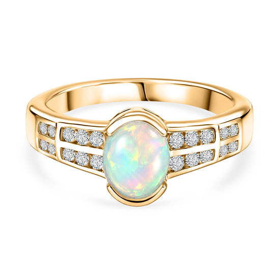 D'Joy AA Natürlicher, äthiopischer Welo Opal, Weißer Zirkon Ring 925 Silber 750 Vergoldet (Größe 17.00) ca. 1,21 ct
