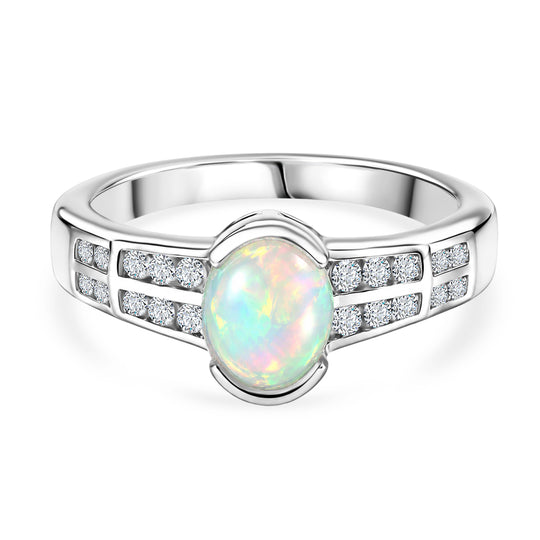 D'Joy AA Natürlicher, äthiopischer Welo Opal, Weißer Zirkon Ring 925 Silber 750 Vergoldet (Größe 17.00) ca. 1,21 ct