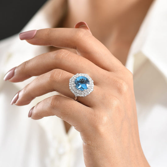 D'Joy AA Schweizer Blautopas, Moissanit AGI zertifiziert Ring 925 Silber Rhodiniert (Größe 20.00) ca. 7,82 ct