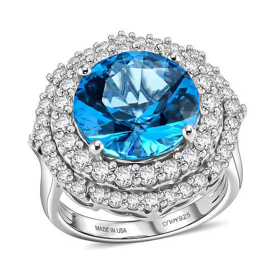 D'Joy AA Schweizer Blautopas, Moissanit AGI zertifiziert Ring 925 Silber Rhodiniert (Größe 20.00) ca. 7,82 ct