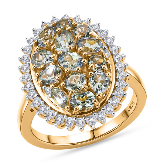 D'Joy Grüner Tansanit, Weißer Zirkon Ring 925 Silber 750 Gelbgold vermeil (Größe 17.00) ca. 2,83 ct