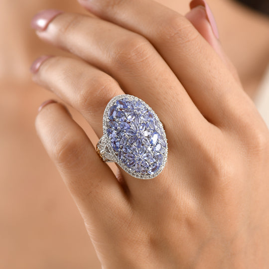 D'Joy Tansanit Ring 925 Silber Rhodiniert und 750 Gelbgold Vermeil (Größe 20.00) ca. 6,51 ct