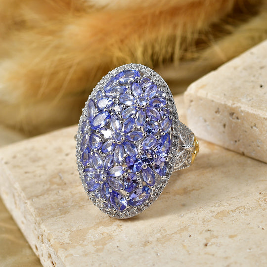 D'Joy Tansanit Ring 925 Silber Rhodiniert und 750 Gelbgold Vermeil (Größe 20.00) ca. 6,51 ct