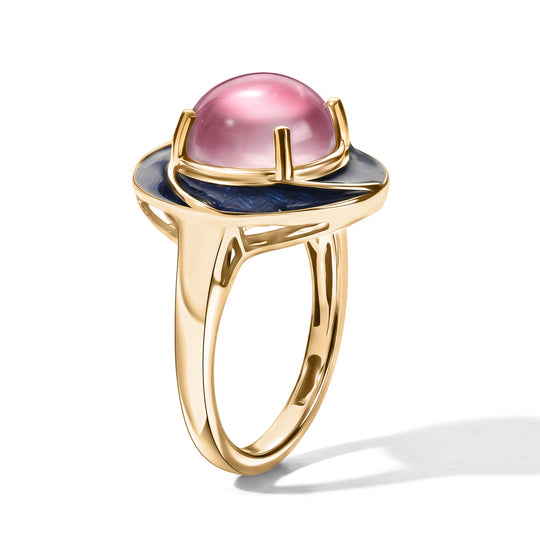 D'Joy Flamingo Mondstein Ring mit Emaille, 925 Silber, 750 Gelbgold-Vermeil, (Größe 20.00) ca. 3.67 ct