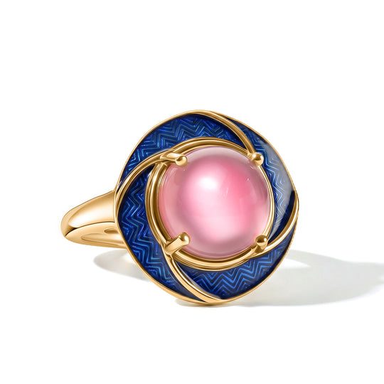 D'Joy Flamingo Mondstein Ring mit Emaille, 925 Silber, 750 Gelbgold-Vermeil, (Größe 20.00) ca. 3.67 ct