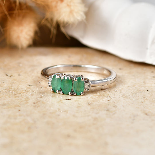 D'Joy AA Smaragd, Moissanit Ring 925 Silber Rhodiniert (Größe 19.00) ca. 0,78 ct