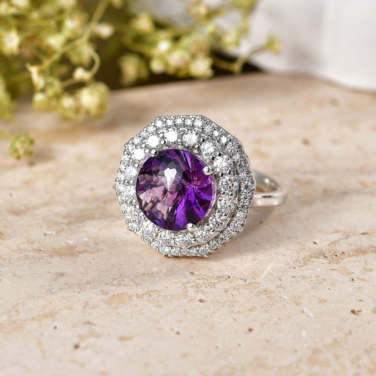 D'Joy AA Sambischer Amethyst, Moissanit AGI zertifiziert Ring 925 Silber Rhodiniert (Größe 19.00) ca. 3,88 ct