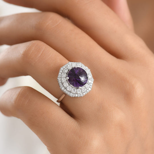 D'Joy AA Sambischer Amethyst, Moissanit AGI zertifiziert Ring 925 Silber Rhodiniert (Größe 19.00) ca. 3,88 ct