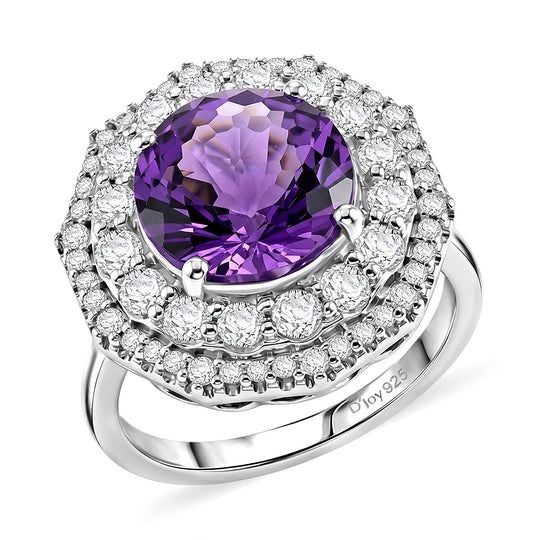 D'Joy AA Sambischer Amethyst, Moissanit AGI zertifiziert Ring 925 Silber Rhodiniert (Größe 19.00) ca. 3,88 ct