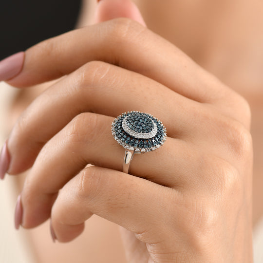 D'Joy Blauer Diamant Ring 925 Silber Rhodiniert (Größe 21.00) ca. 1,00 ct