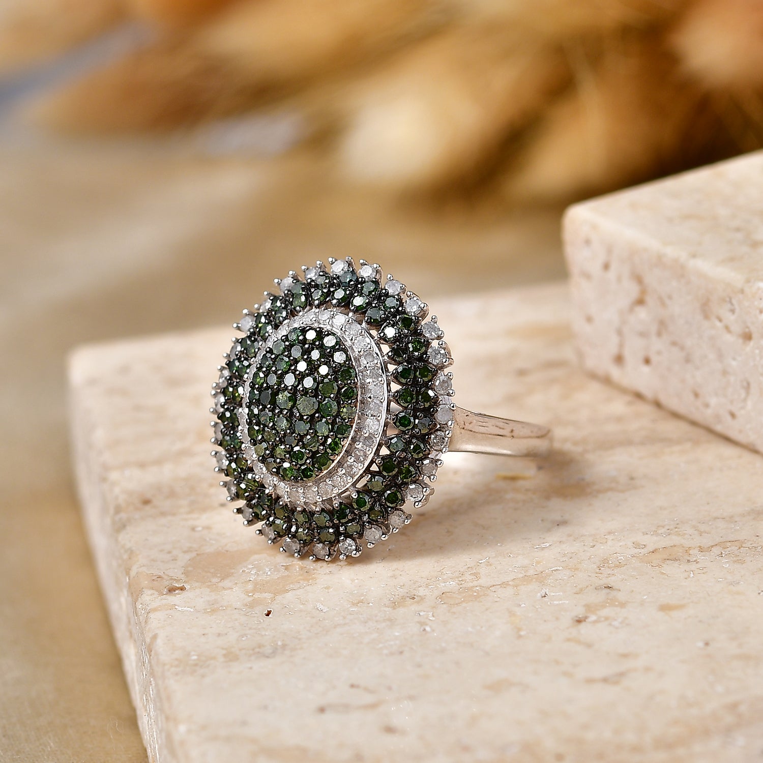 D'Joy grüner und weißer Diamant Cocktail Ring, 925 Silber rhodiniert - 1.01 ct (Größe 19.00)