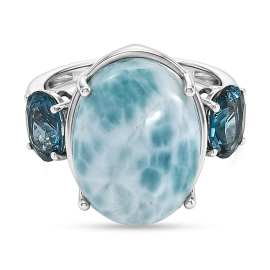 D'Joy AA Larimar, London Blau Topas Ring 925 Silber Rhodiniert (Größe 19.00) ca. 13,25 ct