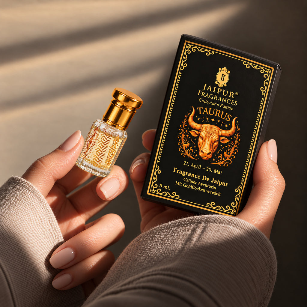 JAIPUR FRAGRANCES Parfümöl Stier (Taurus) - Fragrance De Jaipur, mit Goldflocken und grünem Aventurin, 5 ml