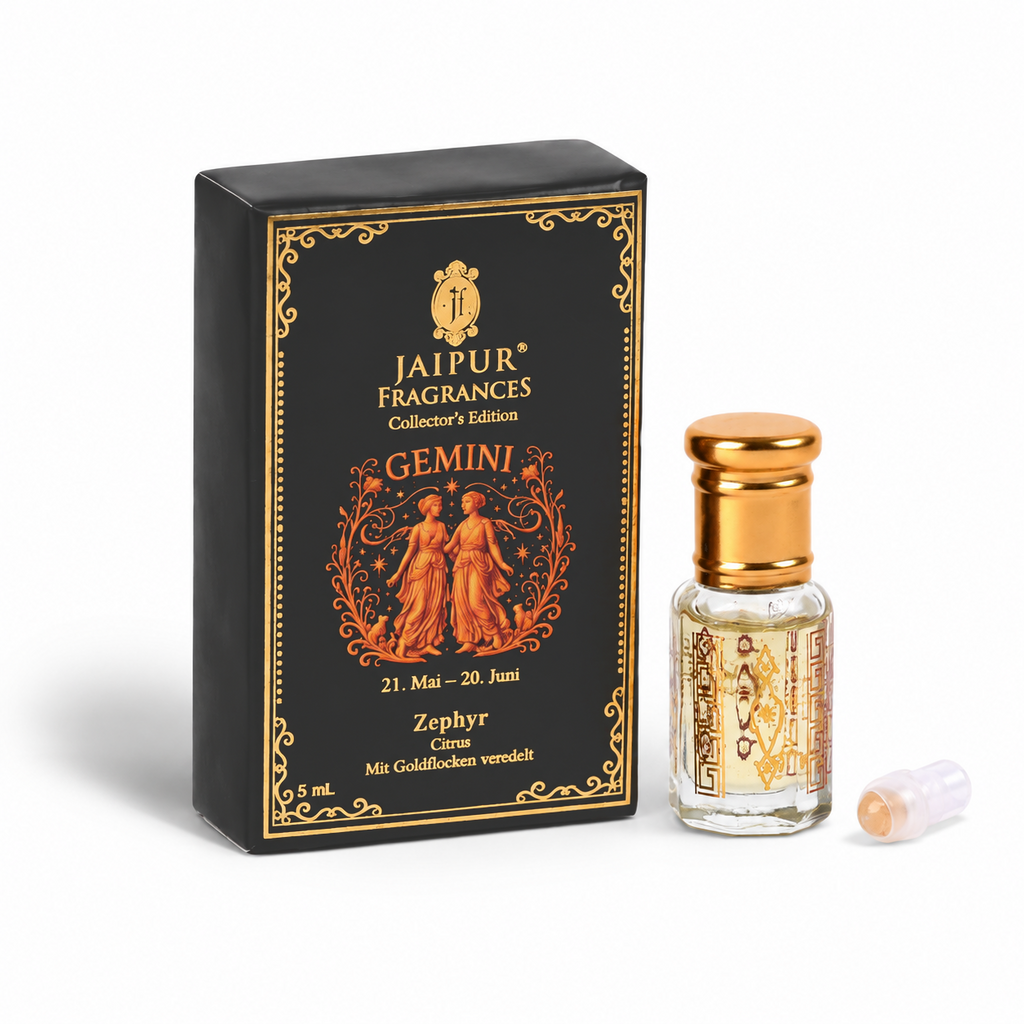 JAIPUR FRAGRANCES Parfümöl Zwillinge (Gemini) - Zephyr, mit Goldflocken und Citrin, 5 ml