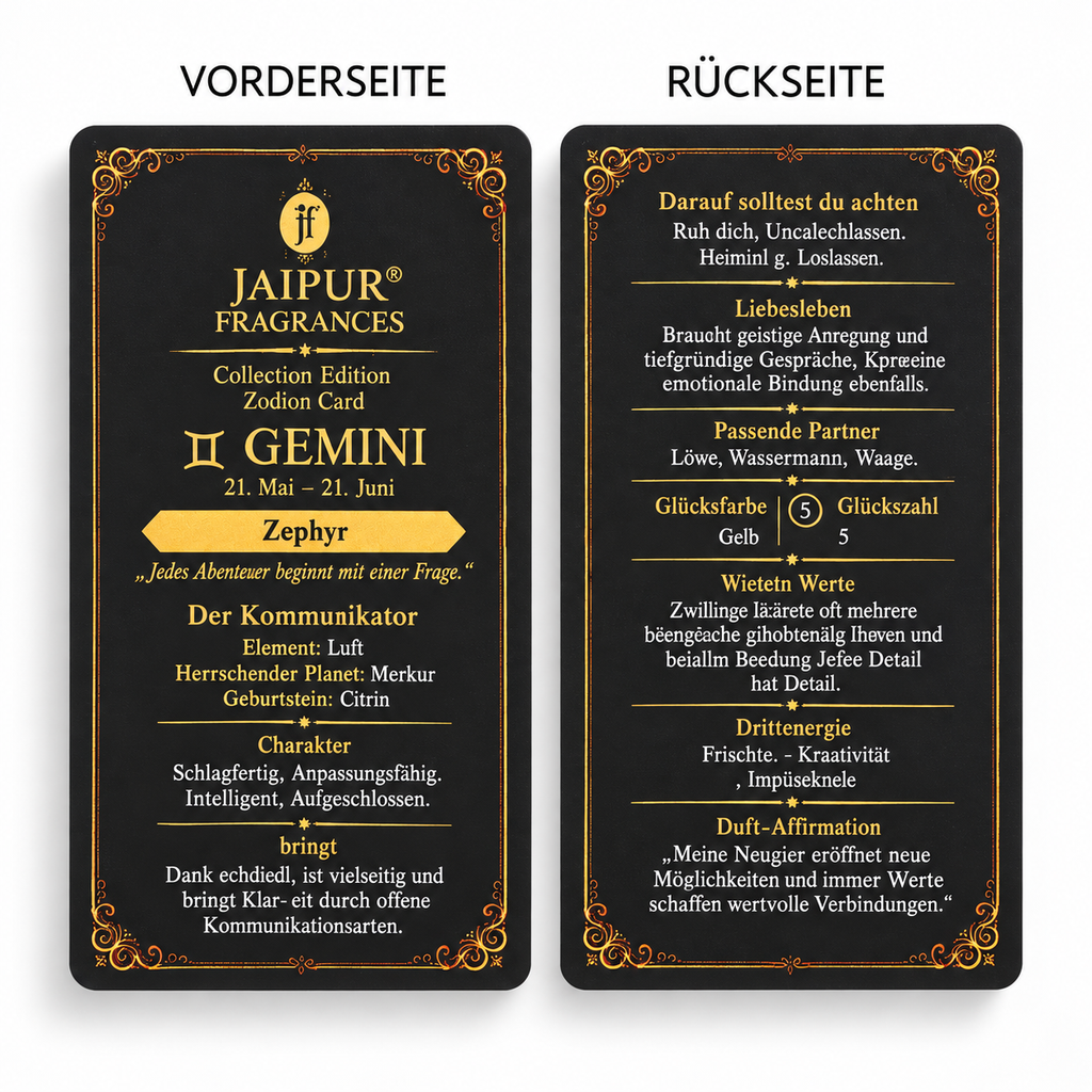 JAIPUR FRAGRANCES Parfümöl Zwillinge (Gemini) - Zephyr, mit Goldflocken und Citrin, 5 ml
