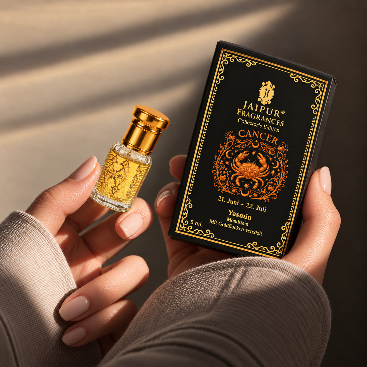 JAIPUR FRAGRANCES Parfümöl Krebs (Cancer) - Yasmin, mit Goldflocken und Mondstein, 5 ml