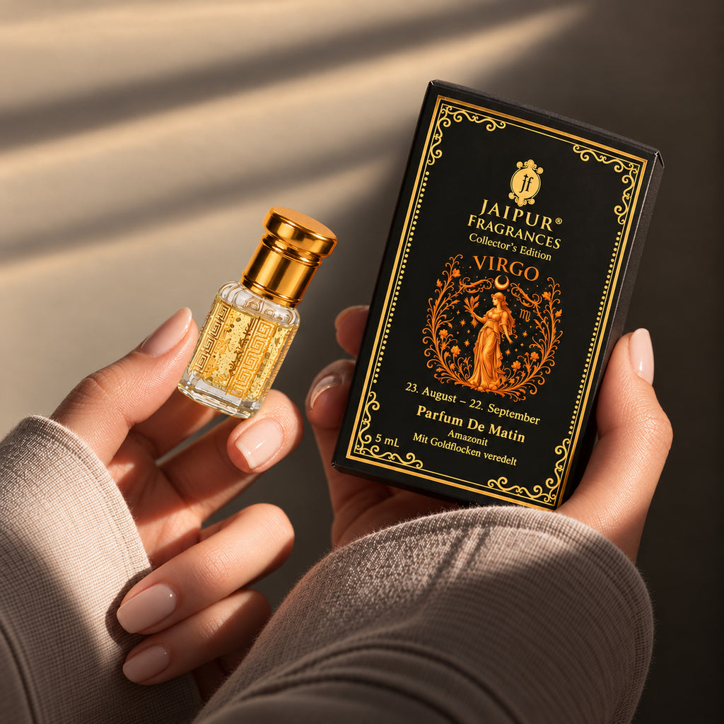 JAIPUR FRAGRANCES Parfümöl Jungfrau (Virgo) - Parfum De Matin, mit Goldflocken und Amazonit, 5 ml